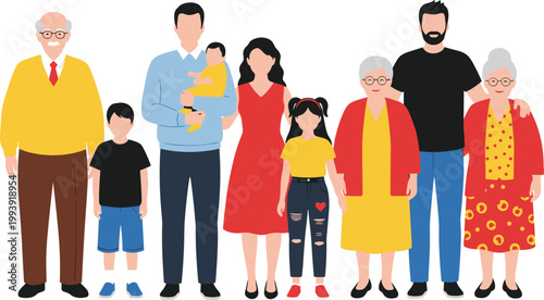 Multigenerational Family Standing Together with Grandparents Parents and Children, Happy Family Members Vector Illustration for Relationship Lifestyle Parenting and Social Community Designs