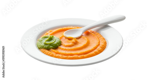 Baby Food Puree Orange Carrot And Green Peas On White Plate With Spoon