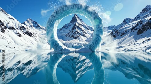 Abstract ice ring floating over reflective lake and snow capped mountains