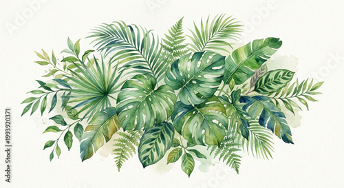 Watercolor illustration of vibrant tropical foliage arrangement. Lush green palm, monstera, and fern leaves create a natural botanical design element