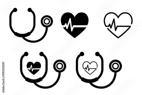 聴診器とハートの心電図マークを組み合わせたシンプルな医療アイコン