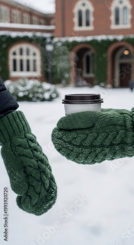Cozy Winter Coffee Break with Knitted Mittens in a Snowy Setting.