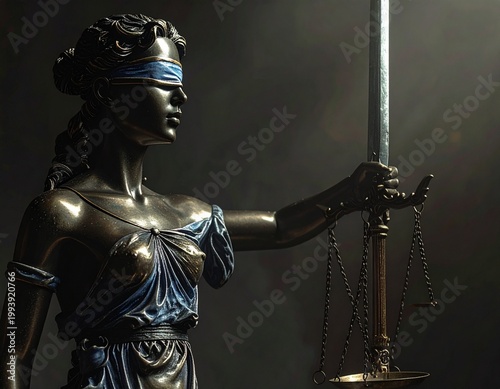 Goddess of Justice Holding Scales and Sword Blindfolded Cinematic Light
