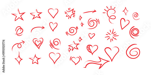 Collection of hand drawn red doodle shapes including hearts stars arrows and swirls