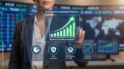 Businesswoman managing AI powered investment platform through virtual interface showing market growth analytics dashboard with digital tools
