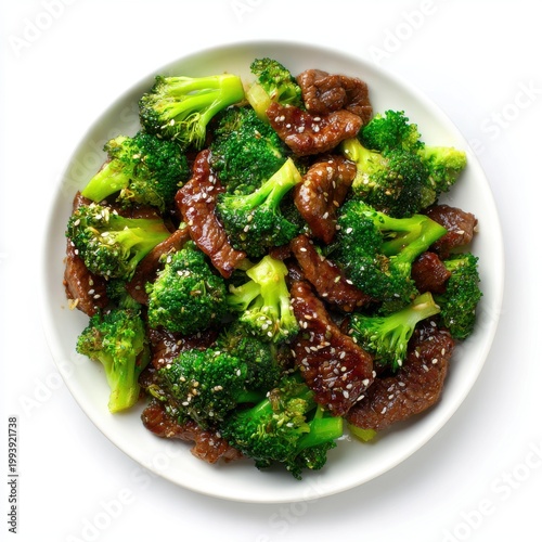 Beef with Broccoli - China stir-fried beef and broccoli plate isolated on a white background