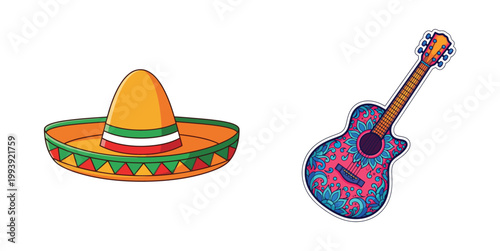 Mexican cultural symbols a vibrant mariachi hat and colorful guitar illustration