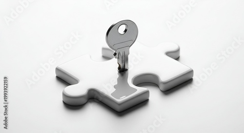 Conceptual Metaphor of Success: Silver Key Unlocking a White Jigsaw Puzzle Piece