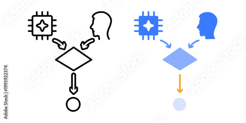 Final decision authority symbol. AI and human inputs merging into single output node. Centralized decision system concept. Simple geometric illustration.