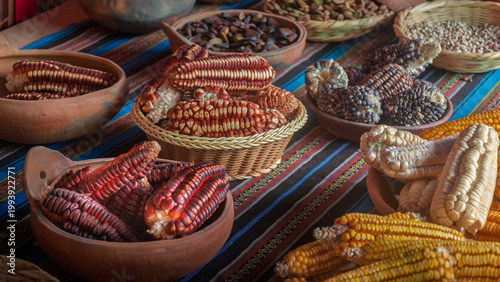 Peruvian corn varieties in clay bowls traditional Andean food market