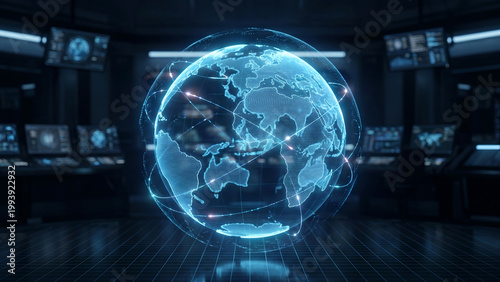 A futuristic digital globe with a network of connections in a high-tech control room