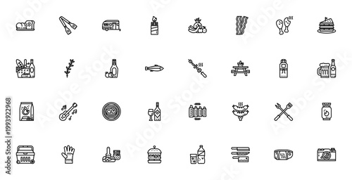 BBQ picnic icon set. Vector illustration includes symbols for grill, food, tools, and outdoor essentials like burger, steak, ribs, charcoal, and picnic basket. Editable stroke.