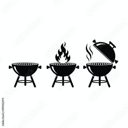 Set of Three Black Barbecue Grill Icons with Fire and Smoke.