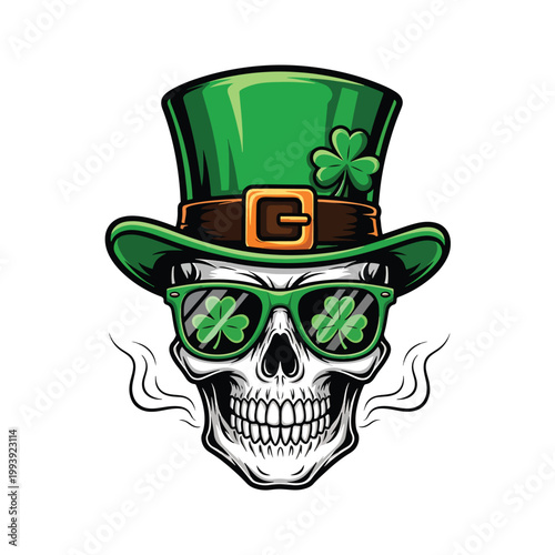St Patricks Day Skull Illustration with Green Leprechaun Hat and Sunglasses.