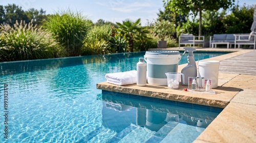 Pool cleaning supplies on poolside with chlorine, test kit, spray bottle and towel. Backyard swimming pool water care, sanitation and summer home maintenance concept.