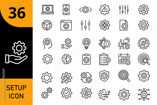 Setup icons: cogwheel gear hand laptop smartphone settings tools process configuration with cogwheel, smartphone