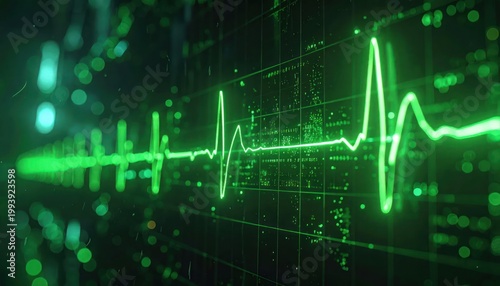 Digital Heartbeat EKG Line on Futuristic Green Background.