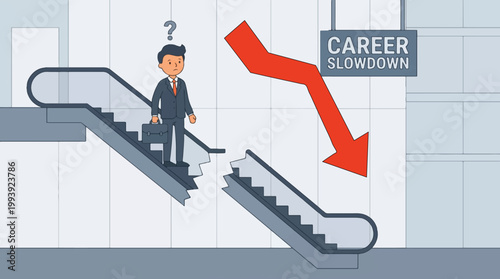 Confused Businessman on Broken Escalator Facing Career Slowdown
