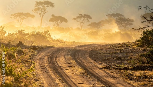 Dusty Dirt Road in African Savannah During Golden Hour.