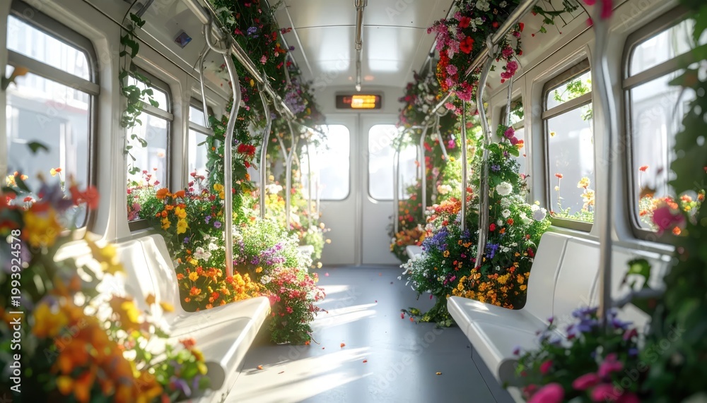 Obraz premium Enchanting Train Carriage Transformed into a Floral Wonderland.