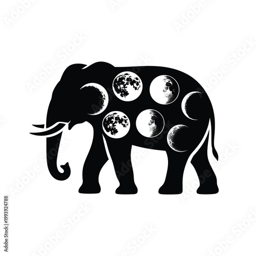 Elephant silhouette composed of various phases of the moon a celestial design