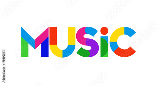 Colorful MUSIC word with abstract shapes and vibrant colors on white background