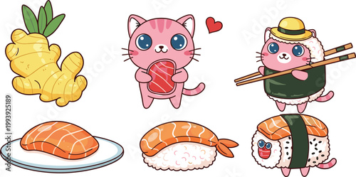 Cute Cartoon Sushi and Cat Character Set Featuring Playful Kitty with Sushi Delights and Ginger