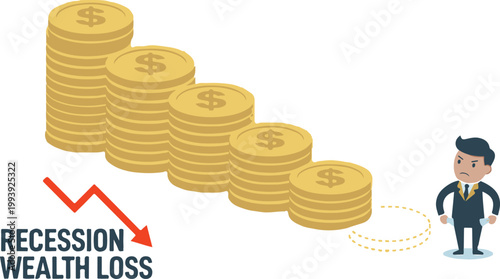 Recession Wealth Loss with Declining Coin Stacks and Worried Man