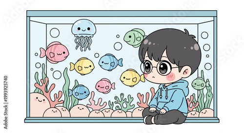 Boy sitting by colorful fish tank.