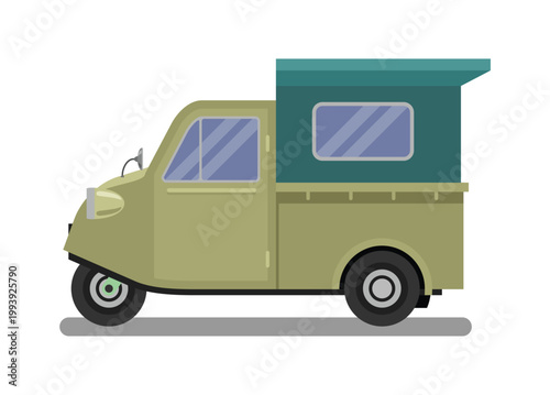 Three wheeled pick up with passenger cab. Side view. Simple flat illustration.