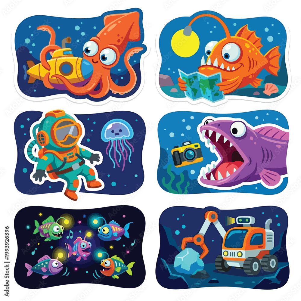 Fototapeta premium Collection Of 6 Exaggerated Cartoon Stickers Flat Vector Art Depicting World Oceans Day Beach Cleanup Volunteer Collecting Plastic Waste Turtle Rescue Clean Coast On White Background