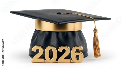 Graduation 2026 year academic achievement and future success graduation cap with golden numbers on white background