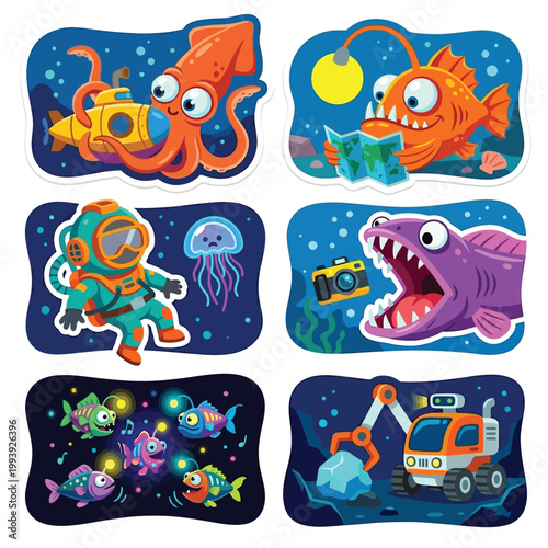 Collection Of 6 Exaggerated Cartoon Stickers Flat Vector Art Depicting World Oceans Day Beach Cleanup Volunteer Collecting Plastic Waste Turtle Rescue Clean Coast On White Background
