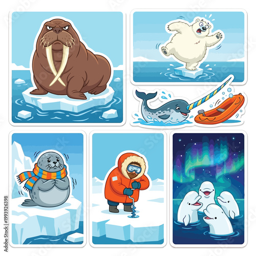 Vector Set 6 Funny Caricature Stickers Colorful Flat Art Highlighting World Oceans Day Freezing Arctic Ocean Walrus With Giant Tusks Polar Bear On Melting Iceberg White Background