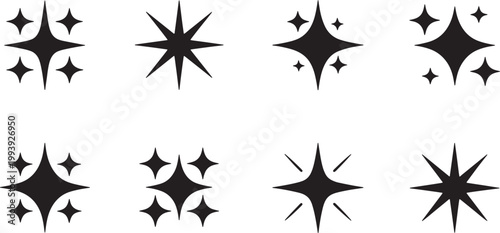 Sparkle star icon set with various black shiny symbols vector design simple graphic elements for night sky decoration.