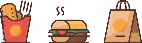 Set of fast food icons fries burger and takeout bag isolated on transparent background vector design.