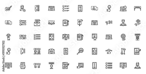 Feedback and Testimonials Icon Set. Minimal Linear Vector Icons Pack. Includes Feedback, Rating, Review, Like, Chat, Phone, Email, Testimonial and More. Editable Stroke.