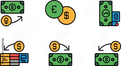 Set of money and currency exchange icons depicting financial transactions and banking operations Vector Illustration.