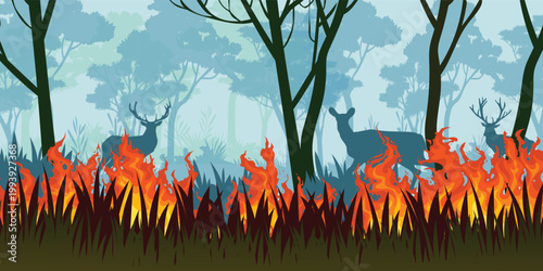 Forest wildfire intense flames with silhouettes animals in a smoky environment vector background. Environmental disaster, climate change impact, and wildlife in danger.