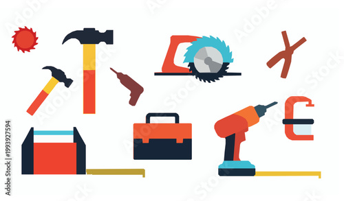Woodworker tools vector icon set colorful construction and carpentry equipment