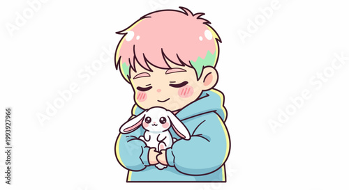 Boy Holding Cute White Bunny.