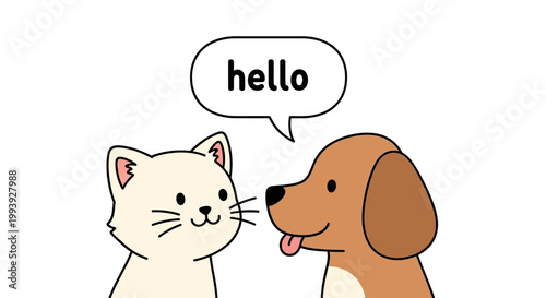 Cartoon cat and dog friends talking.