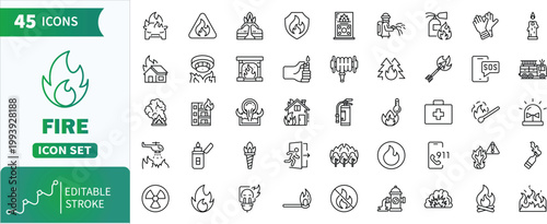 Fire outline icon set. Collection of fire, burning, and protection line art icons