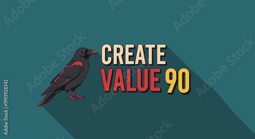 Raven Bird with "CREATE VALUE 90" Text, Long Shadow, Flat Design