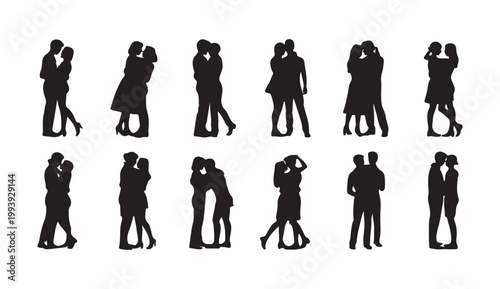 Multiple couple silhouettes embracing kissing dancing relationship love affection romance passion togetherness.