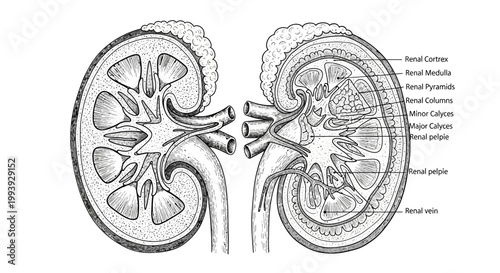 Detailed anatomical sketch of human kidney cross-section AQ.Ab8RN6IOizin2wmmW2yuDNJII6fj50KZvlueysBqwyGyJ0BN9A, illustrating internal structures for biology and medicine