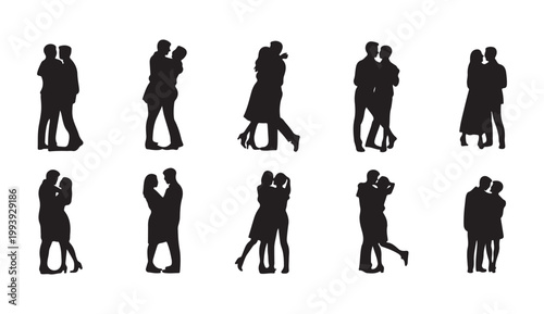 Silhouette collection of romantic couples embracing and standing together in various poses for wedding design theme.
