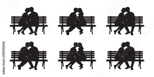 Set of couple silhouettes sitting on bench romantic collection of people dating in park outdoor vector illustration.