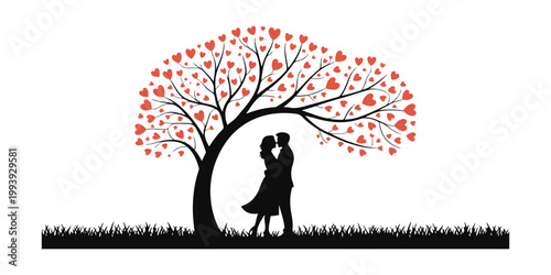 Silhouette of romantic couple hugging under heart shaped tree on grass landscape background for valentines day art.