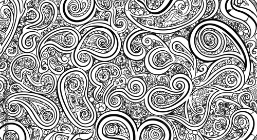 Seamless black and white ornamental border with stylized lotus flowers and intricate swirling floral patterns, decorative line art design.